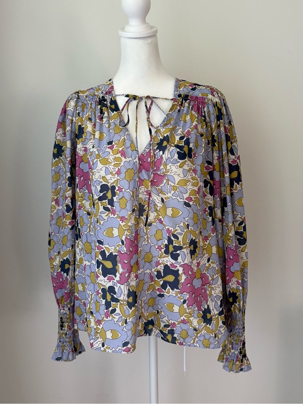 Rebecca Taylor Women’s S Floral Print Tie Neck Long Sleeve Blouse